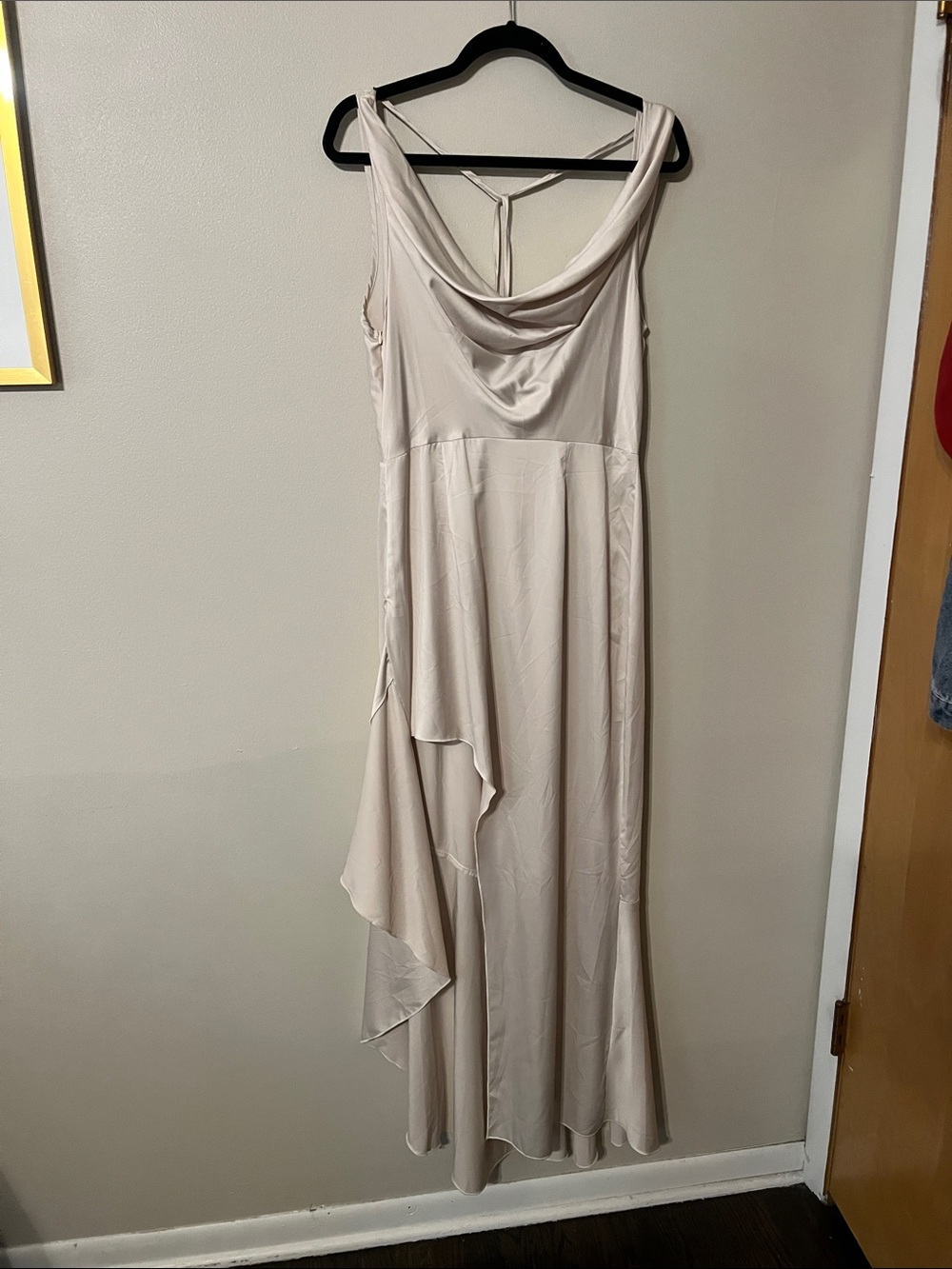 Amazon Satin Cowl Neck Asymmetrical Maxi Dress in Cream